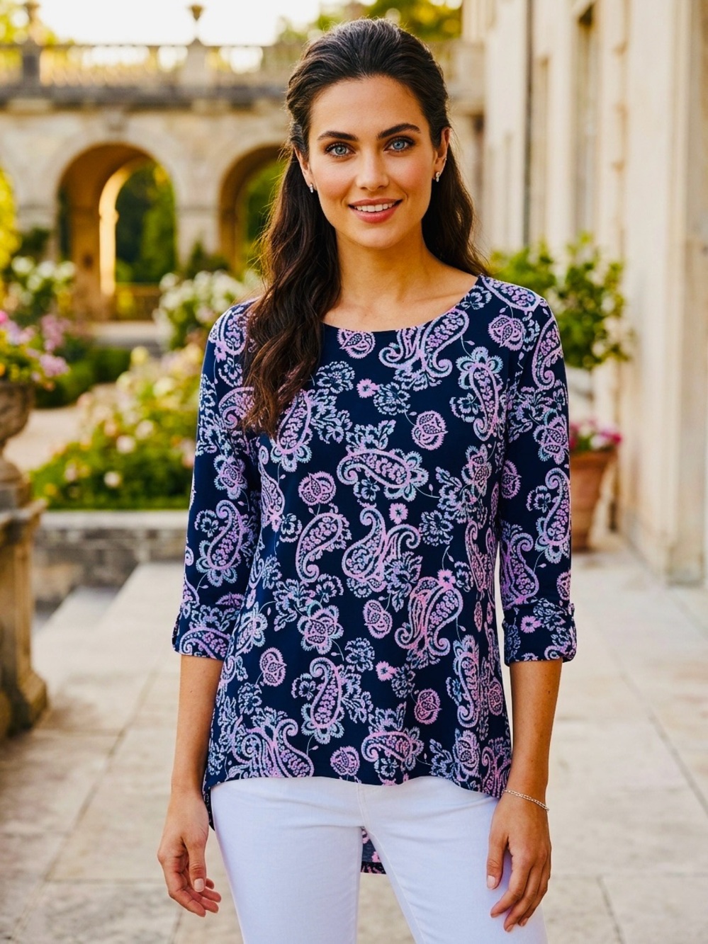 NWOT Andree By Unit “The Lilly Paisley Blouse” Navy💙 w/Bright Blue🩵&Pink🩷 Small